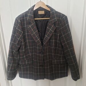 Crescent Black Gray Plaid Houndstooth Blazer Medium Button Elbow Patch Hunting